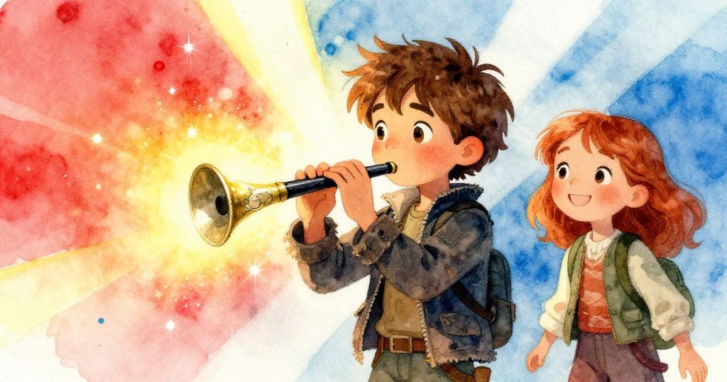 芬恩舉起閃耀著刻像河馬的哨子，莉拉欣喜旁觀，燈光喚起久遠慶典氣氛，充滿歡樂情感。