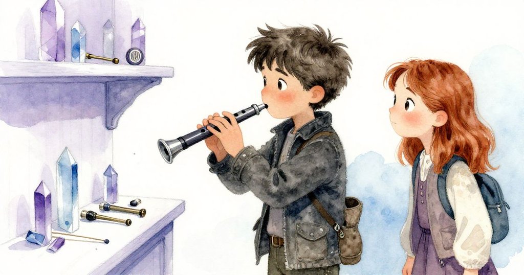 芬恩小心將哨子放在陳列工具的架上，莉拉默默注視，動作中透露著延續冒險故事的溫柔情懷。