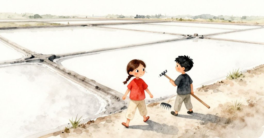 黎明時，Olive 穿越狹窄堤道，Ben 拄著木耙隨後跟進，廣闊鹽田中展現清晨柔光與寧靜氣氛。