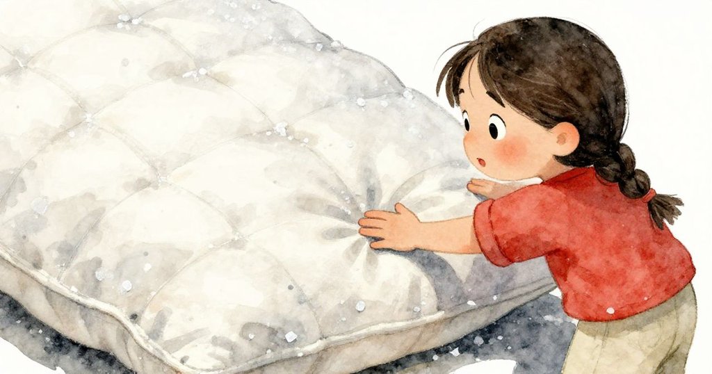 Olive 小心觸摸布袋上晶瑩鹽結，臉上展露好奇憂慮情感，背景呈現平靜鹽池與明亮光影。