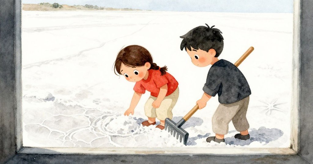 透過鹽田似窗框，Olive 與 Ben 細察鹽層幾何圖案，神情專注，背景融合柔和光影與反射效果。