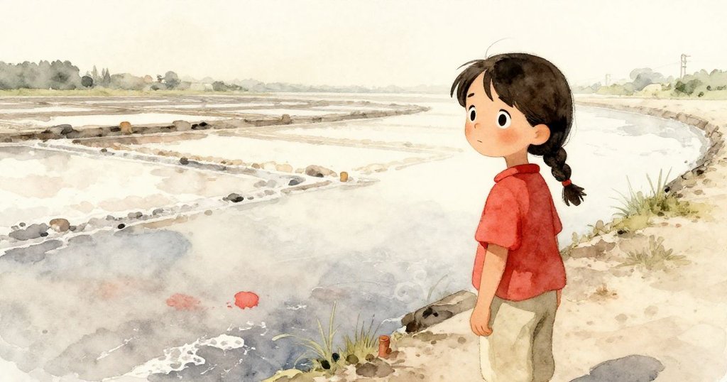 溫柔回憶中，Olive 靜立於堤道前，凝望昔日溫馨鹽田，畫面呈現懷舊柔焦與溫暖色調轉換。