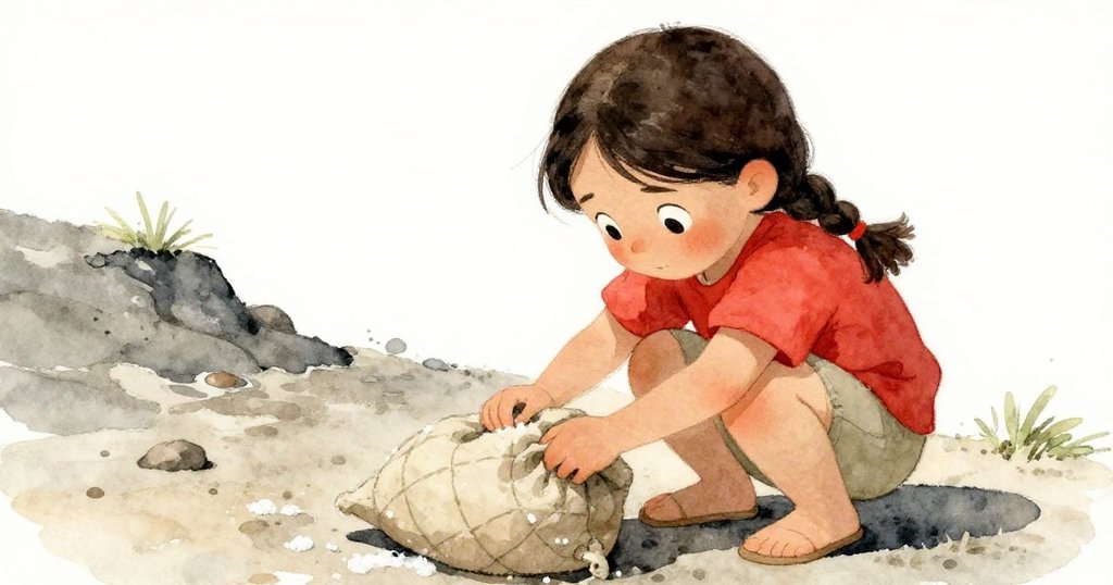 Olive 蹲於堤岸邊，專注解開覆蓋鹽結的布袋，臉上流露堅毅神情，周遭鹽粒散落增添挑戰感。