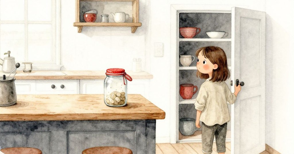 廚房陽光下，Kira站在門邊注視著搖晃的發酵劑罐，背景呈現老舊磁磚與木質櫥櫃，充滿懷舊與期待。