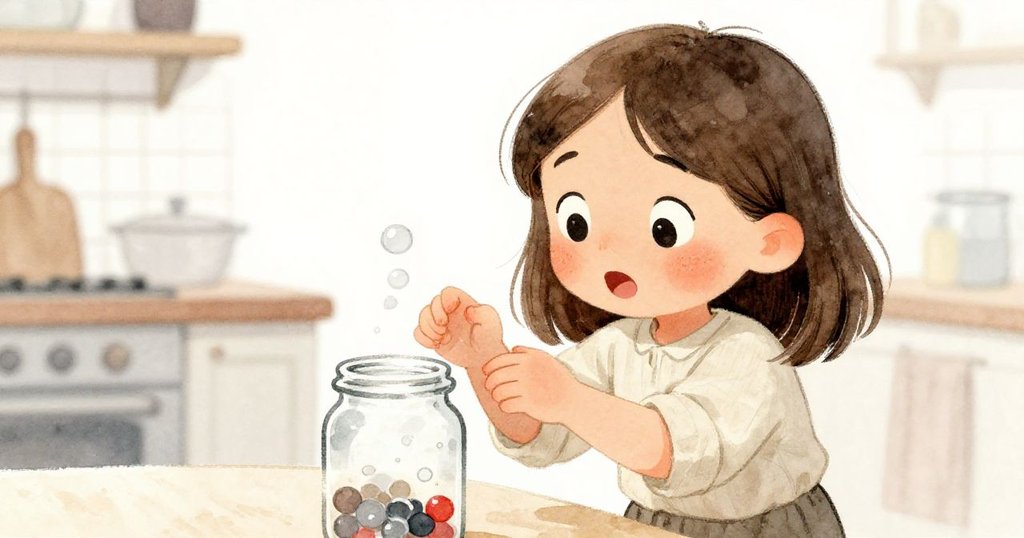 Kira特寫臉龐，眼中流露驚奇與疑慮，細節呈現麵糰與泡泡，背景淡化呈現溫暖的廚房。