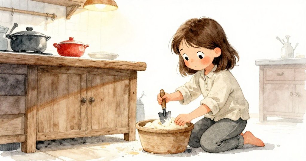 從低角度看見Kira蹲下，用小鏟子仔細清除櫃子上乾硬麵團，背景呈現溫暖老舊的廚房質感。