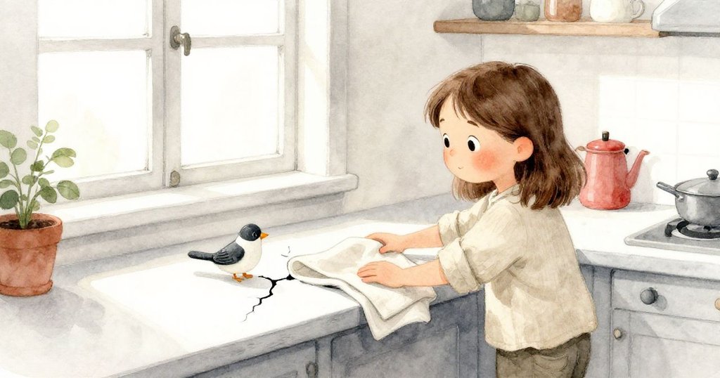 在窗邊柔和光線中，Kira輕輕移開摺疊亞麻布，發現檯面上細微裂縫，旁有陶瓷麻雀守護，場景寧靜過渡。