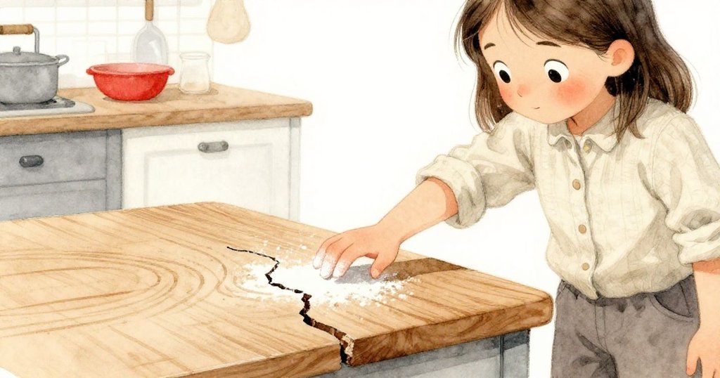 Kira的手停頓於櫃台上的裂縫旁，露出細膩木紋與熟悉的刻痕，背景散落麵粉，流露出靜謐與回憶。