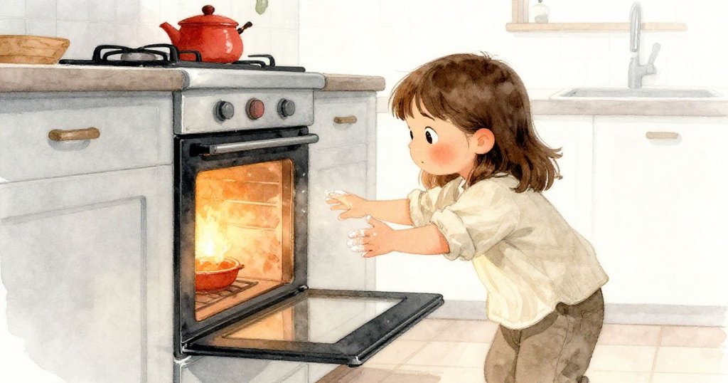 Kira站在微敞烤箱前，手觸碰發熱金屬把手，背景呈現溫暖與冷光交錯，表情充滿猶豫和期待。