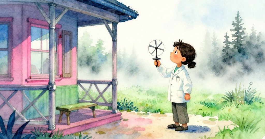 皮亞在清晨薄霧中於老舊門廊下觀察風速儀，神情期待且溫柔，背景復古而充滿懷舊感。