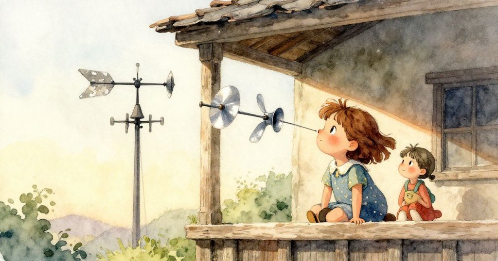 皮亞戴著濕手套專注於風速儀杯子近景，金屬質感歷經風霜，畫面細膩且充滿溫柔細節。