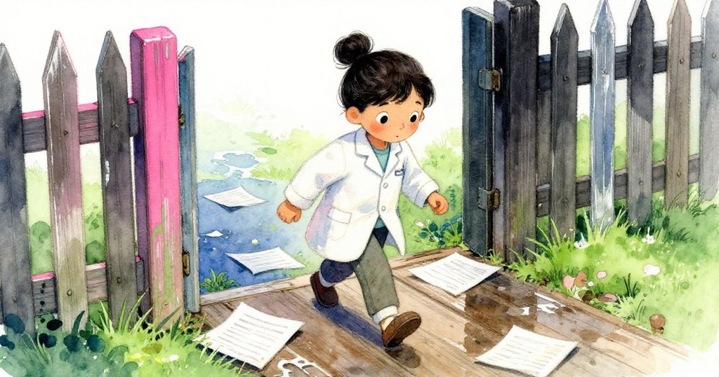 皮亞從高處觀看腳踏濕滑木門檻，緩步前行並與散落筆記互動，散發出懷舊與溫柔的情感。