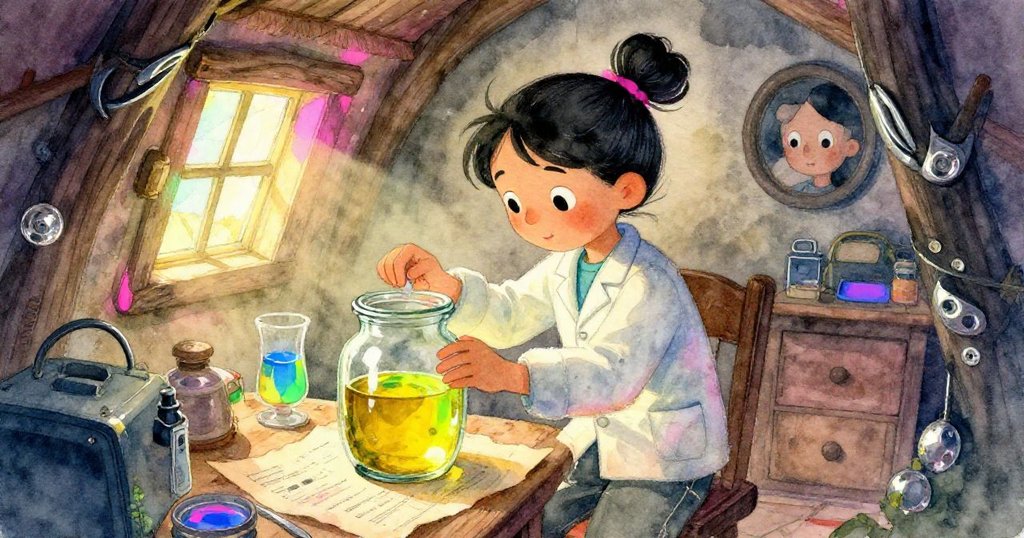 皮亞在老舊小屋內細察放於架上的玻璃瓶與筆記本，溫馨室內光影交錯，充滿好奇與懷舊感。