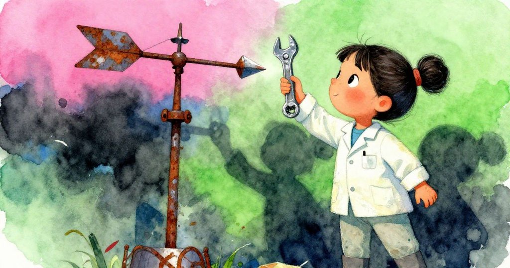 皮亞手持扳手緊盯鏽蝕的風向標，神情凝重，金屬細節與斑駁光影營造緊張懸念。