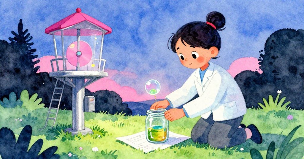 皮亞在夕陽下將玻璃瓶放回桌旁，溫柔注視油中緩升泡泡，步出小屋迎來寧靜而驚奇的結局。