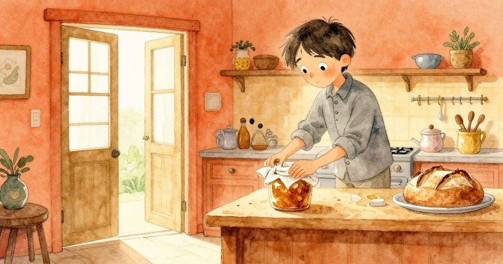 Grey在溫暖的廚房中調整麵糰發酵瓶的棉布,透過半開的門迎接晨光,表情充滿期待與輕快。