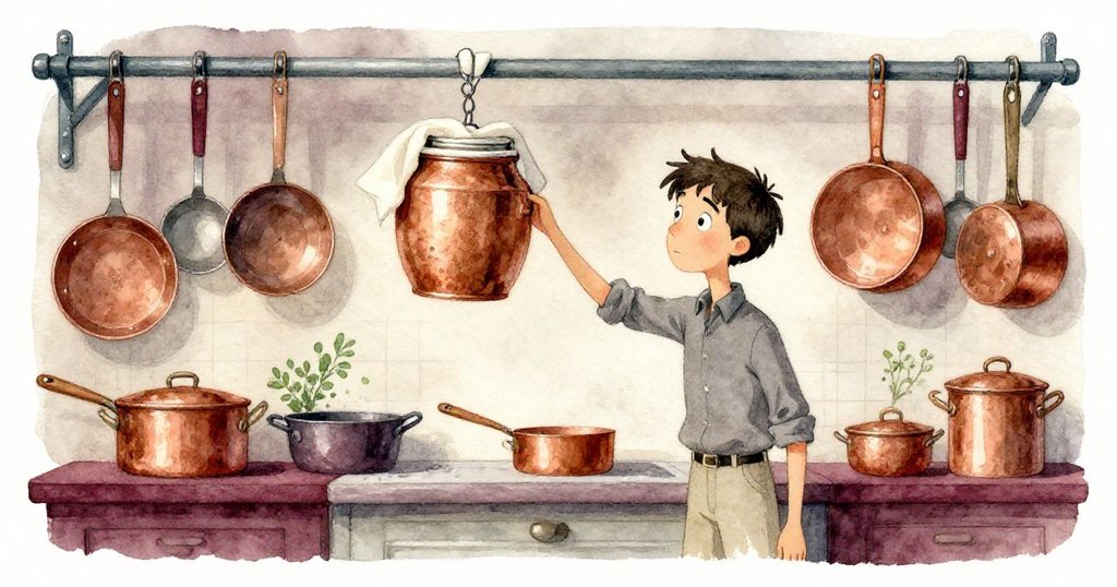 Grey正創造性地用舊茶巾製作吊帶將發酵瓶升向暖爐,旁邊銅鍋與工具形成鮮明對比,動靜結合展現靈感。