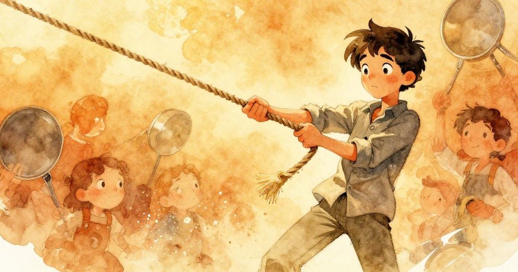 低角度展現Grey專注拉繩,他的手指觸碰到磨損的繩線,隨著麵粉微降,神情中流露出堅毅與些微憂慮。