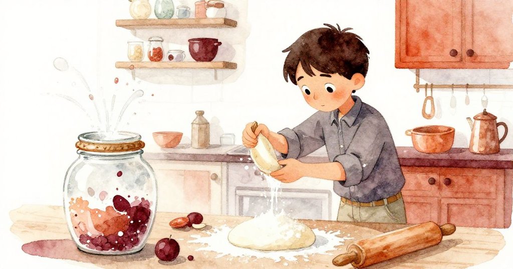 Grey忙碌地調整繩索時,發酵瓶歸升,麵粉與水滴形成動態軌跡,他用力攪動使黏稠麵團逐漸恢復彈性,氣氛活力四射。