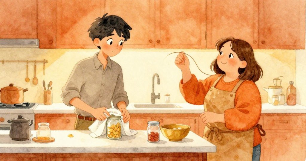 Grey滿意地用毛巾包裹發酵瓶,Rosa調皮地甩動磨損繩末,背景中靜掛的滑輪和整齊工具預示著美好新日的開展。