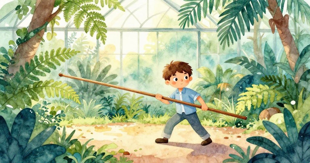 Seth在玻璃屋外濃密蕨葉間拖拉木桿，臉上流露堅定與專注，環境充滿熱帶清新氣息。