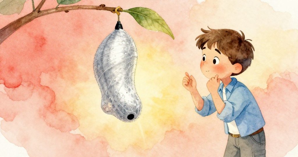 Seth仔細端詳掛於葉間的銀光繭，神情充滿期待與柔和，背景為溫暖的玻璃屋內部。