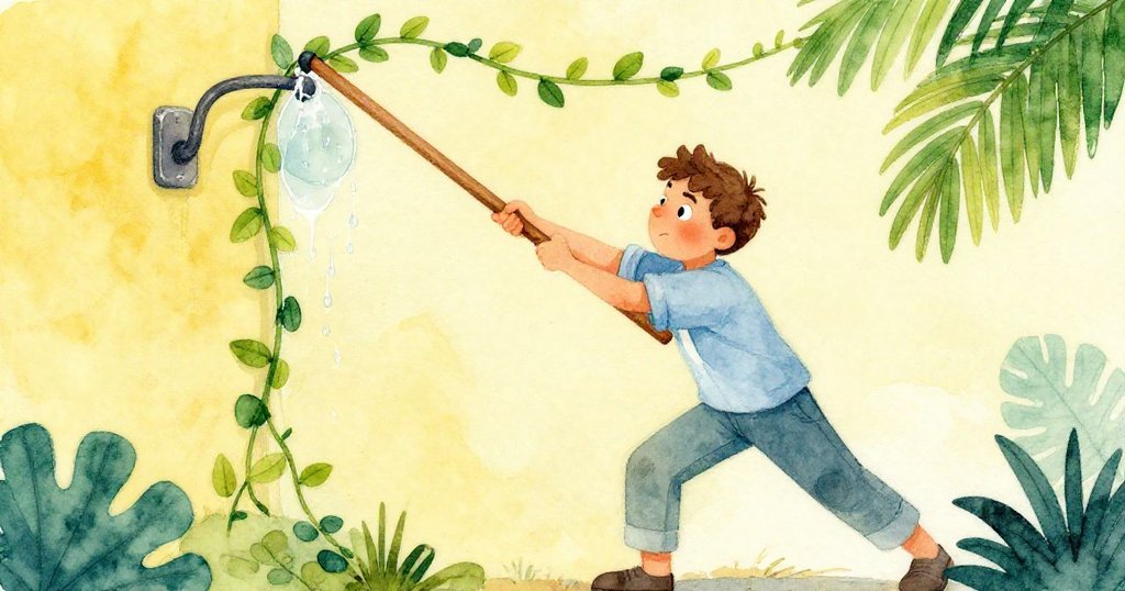 Seth用力拉扯纏繞在鐵把手上的藤蔓，透過斜置視角展示緊張而充滿動感的玻璃屋場景。