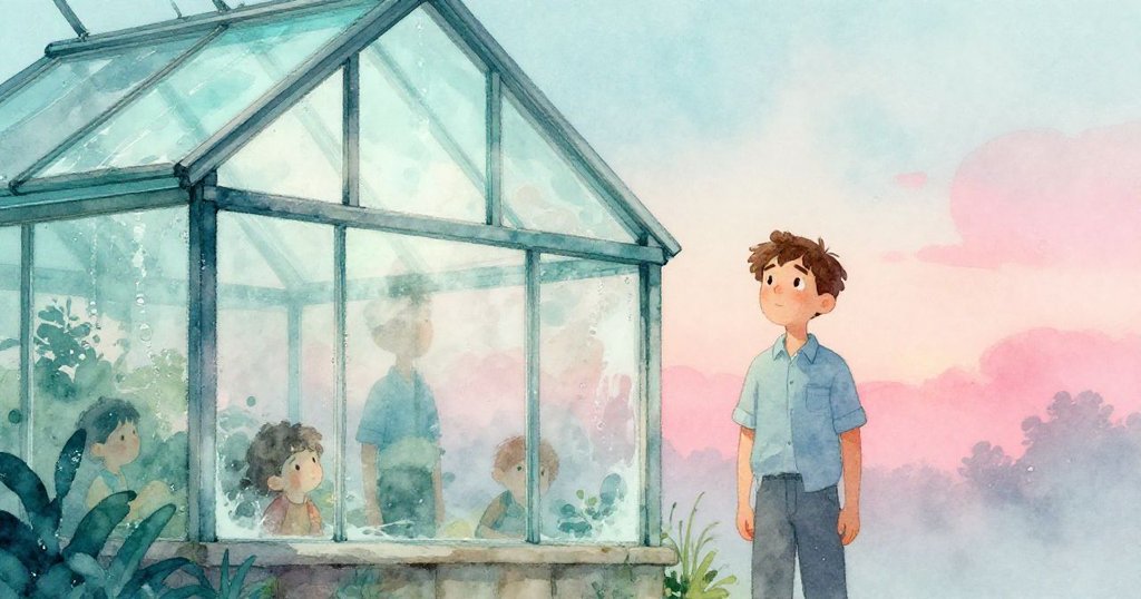 Seth靜立於打開天窗的玻璃屋內，涼風瀰漫帶來寧靜轉變，臉上顯露出反思與寬慰。