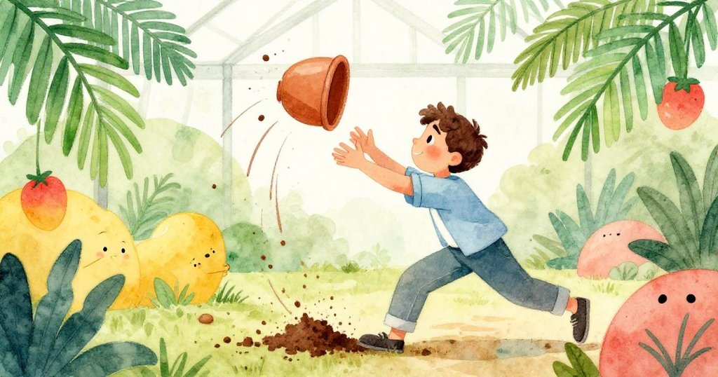 Seth迅速伸手扶正傾倒的陶罐，土塊飛揚與番茄葉隨動，充滿緊迫且生動的玻璃屋情境。