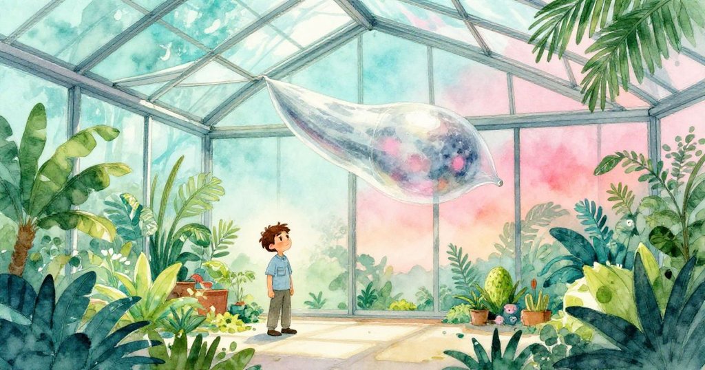 Seth在寬闊玻璃屋內顯得渺小，環繞綠意盎然，繭隨冷風輕搖，展現出和平與轉變的情景。