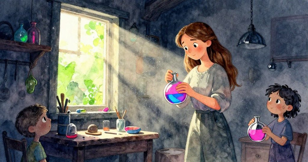 梅芙在工坊中打開高窗，伸手環抱著瓶子，陽光與飛塵交錯展現故事開端及期待感