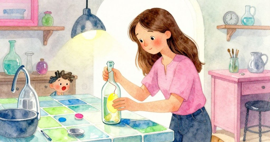 梅芙仔細觸摸古舊瓶子，瓶上捲曲的檸檬標籤透著時光痕跡，工坊內暖光襯托回憶情懷