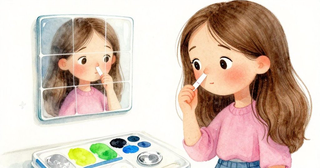 梅芙將試紙輕凑鼻尖，臉上反射窗外柔光，眼神沉思中流露感慨與懷舊情懷