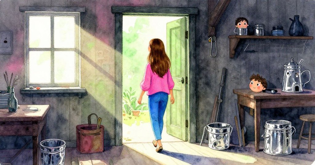 梅芙邁向工坊門口，半開窗映出光影交錯，門口成為溫暖與涼意之間過渡橋樑