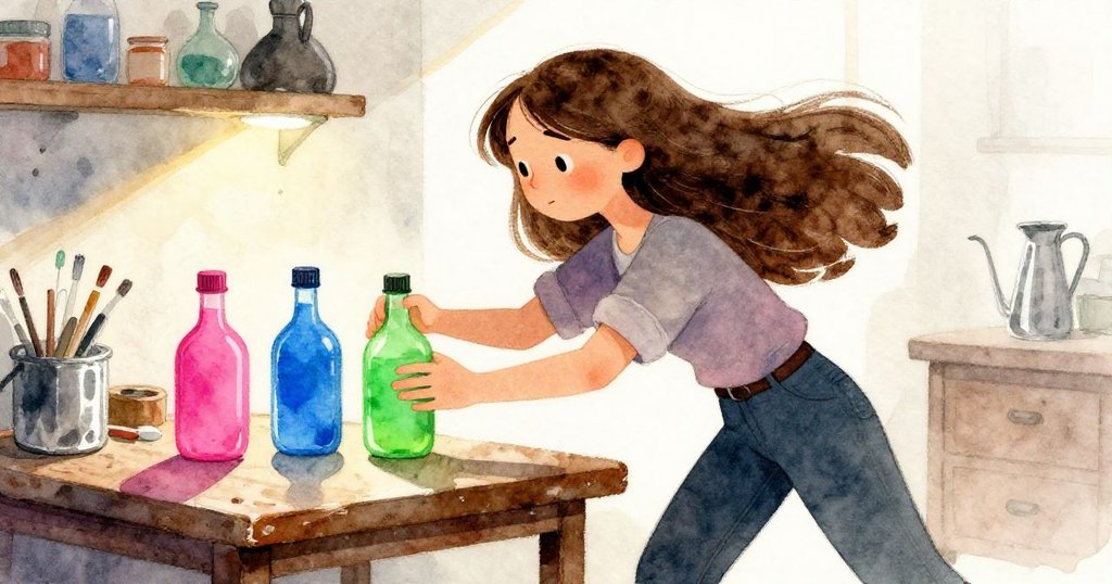 梅芙快速排列瓶子，動作中顯示堅定與靈動，工坊中光影流動突顯決心與變化時刻