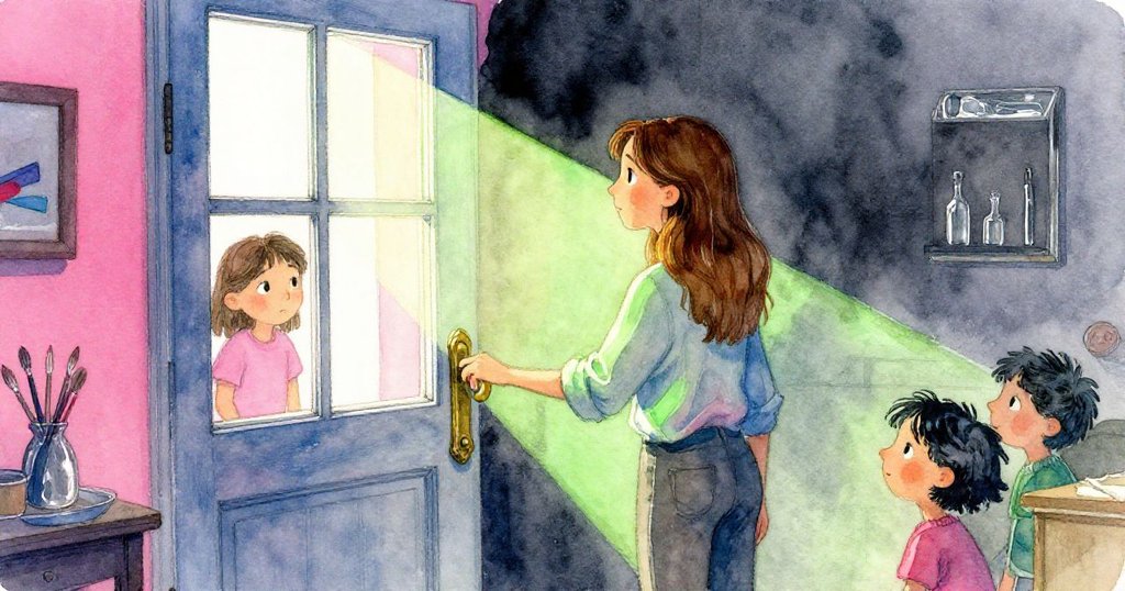 梅芙停在工坊門前，手觸冰冷銅把，窗外蟬鳴與光影交錯，留下一抹曖昧卻充滿新希望之感