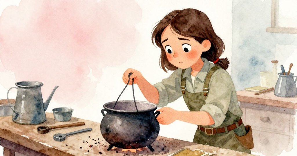 諾拉細查銅鑄大鍋，手中觸碰斑駁金屬，工作臺上工具散落，神情專注疑惑。