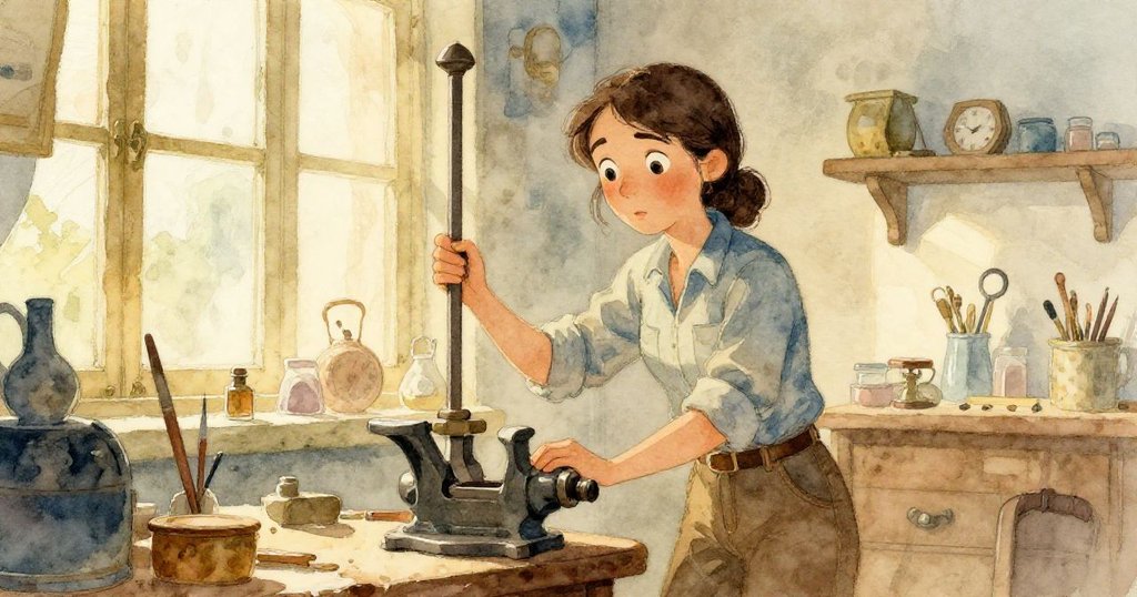 諾拉走向窗邊夾具，開啟展示失落大鍋及散亂工具，神情驚奇中隱含憂慮。