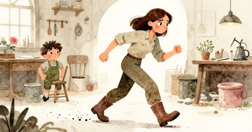 諾拉急步追尋地板上暗點，窗邊急迫步伐流露焦慮，氣氛緊張充滿戲劇性。