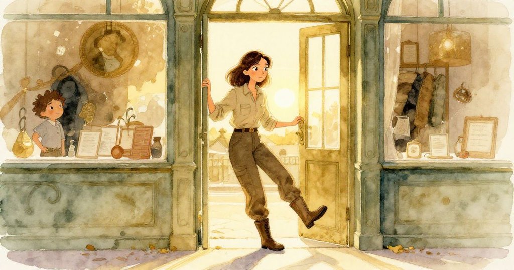 諾拉站於舊舖門前，留一腳內一腳外，夕陽餘暉溫暖映照，充滿深情告別氣氛。