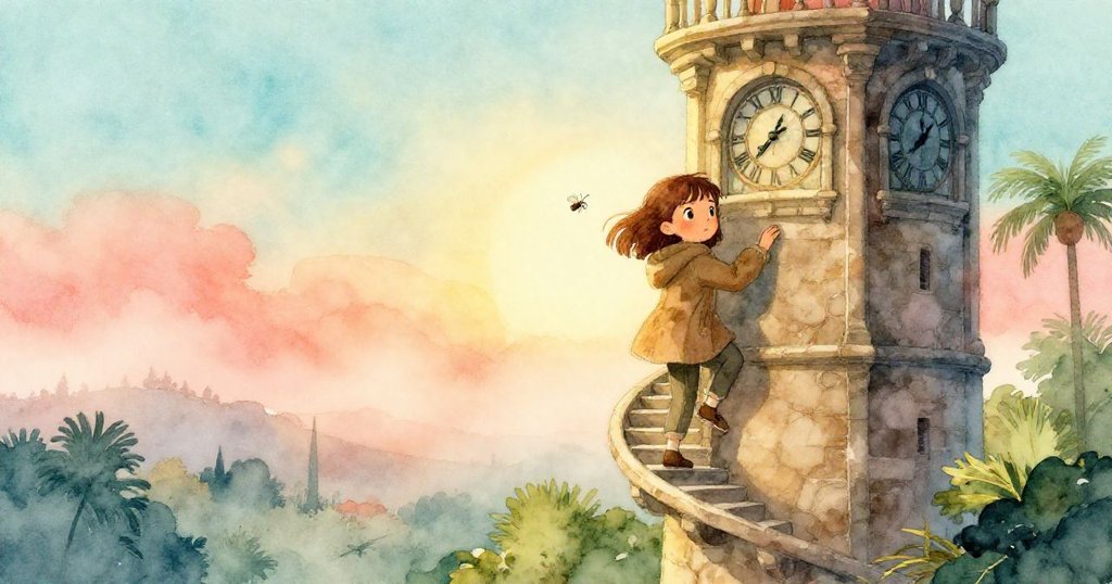 蘇姬攀登古老鐘樓螺旋石梯,晨霧輕拂臉龐,小飛蚊伴隨,環境濕潤而溫暖,充滿期待與好奇。