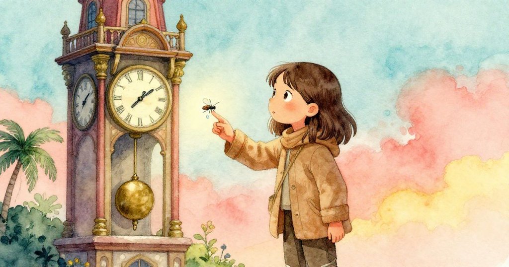 蘇姬在古鐘樓途中,專注地輕撥飛蚊,凝視著黃銅擺錘上閃爍的水珠,場景充滿神秘與寧靜。