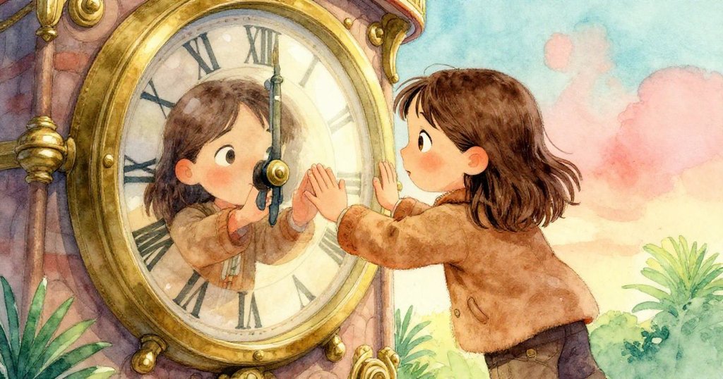 蘇姬在鐘室細察發光光滑的主輪,指尖輕觸金屬表面,她好奇的眼神與金屬反射出微妙暖光,充滿探索感。