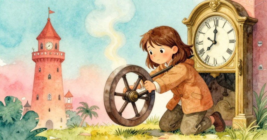 蘇姬蹲於老舊木板上,肩膀抵住鐘框,推動緩動的齒輪,溫暖蒸氣如薄霧繚繞,充滿堅定與溫柔。