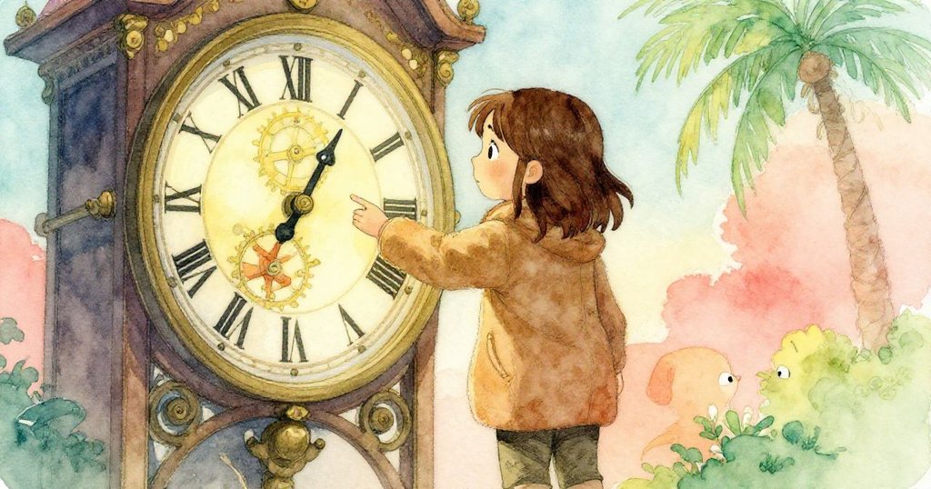 蘇姬站於鐘面旁,手懸調節器上,眼神專注沉思,背景鐘聲回盪,充滿決定前的靜謐與期待。