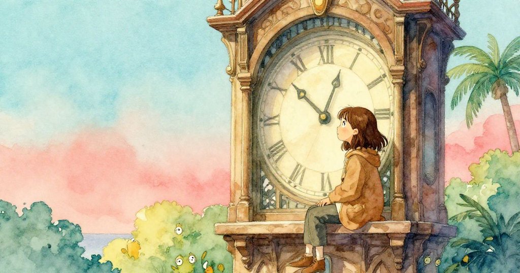 蘇姬安坐於鐘樓中,凝視著緩慢爬行的分針,整個空間溫柔寧靜,充滿不確定卻深沉的思索與平和。