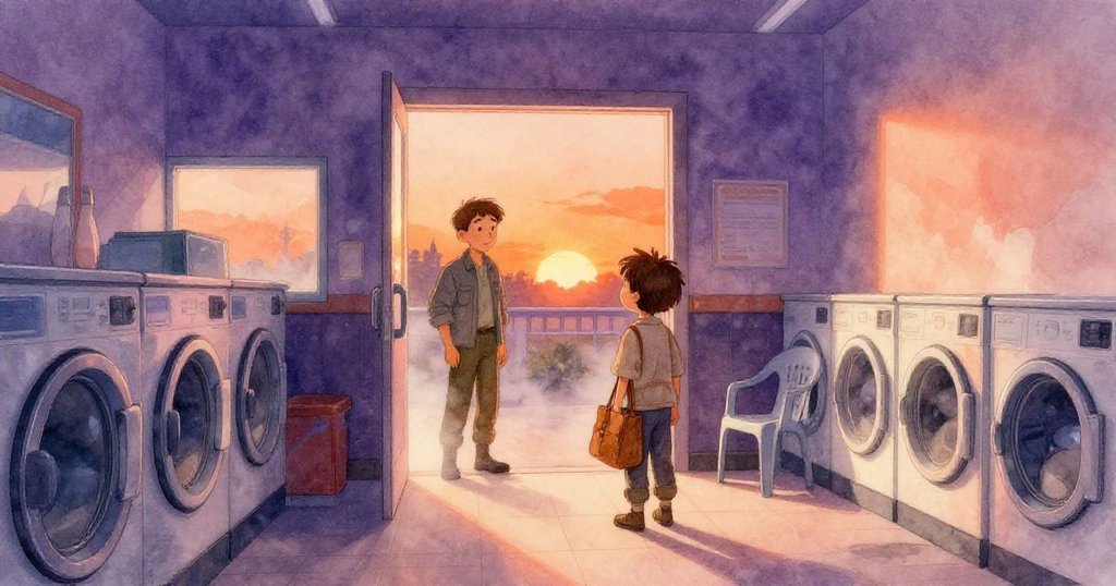 拉爾斯站在洗衣店門口，注視著有炭黑痕跡的塑膠椅，背景中洗衣機與霓虹燈交織，神秘而期待。