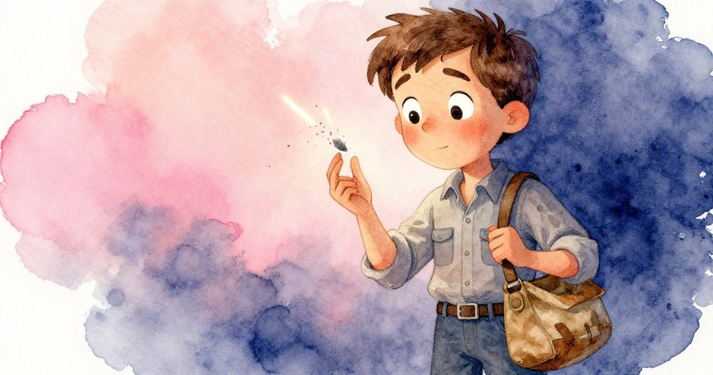 拉爾斯低頭用手指捏著一粒灰塵，面露好奇與關切，燈光下塵粒閃爍，如同碎石般精緻。