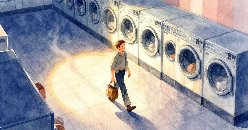 從高角度看拉爾斯走在洗衣店鋪滿磚瓦的地板上，腳步留下微光灰塵軌跡，整體空間透出柔和而脆弱的情感。