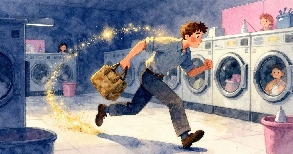 拉爾斯急步追尋洗衣店內閃爍的灰塵軌跡，鞋底在潮濕瓷磚上發出輕微吱吱聲，神情堅定而急迫。